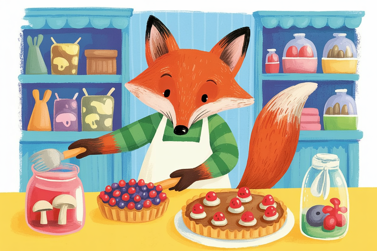 Children's book illustration of a fox baker