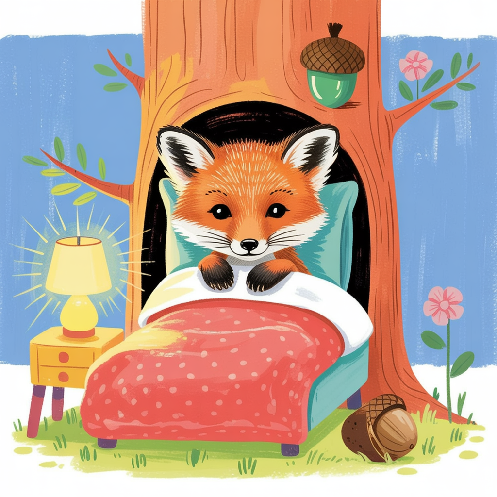 Children's book illustration of a fox cub in bed