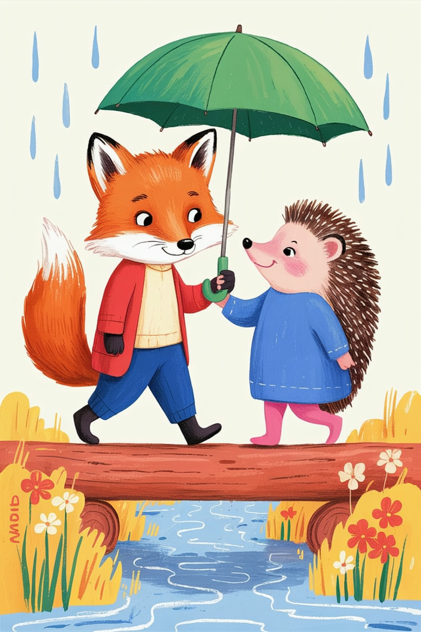 Children's book illustration of a fox and hedgehog on a bridge