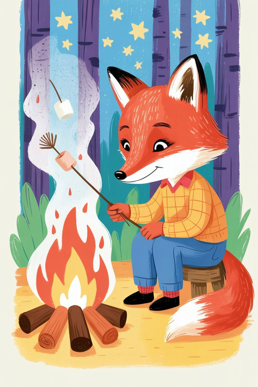 Children's book illustration of a fox camping