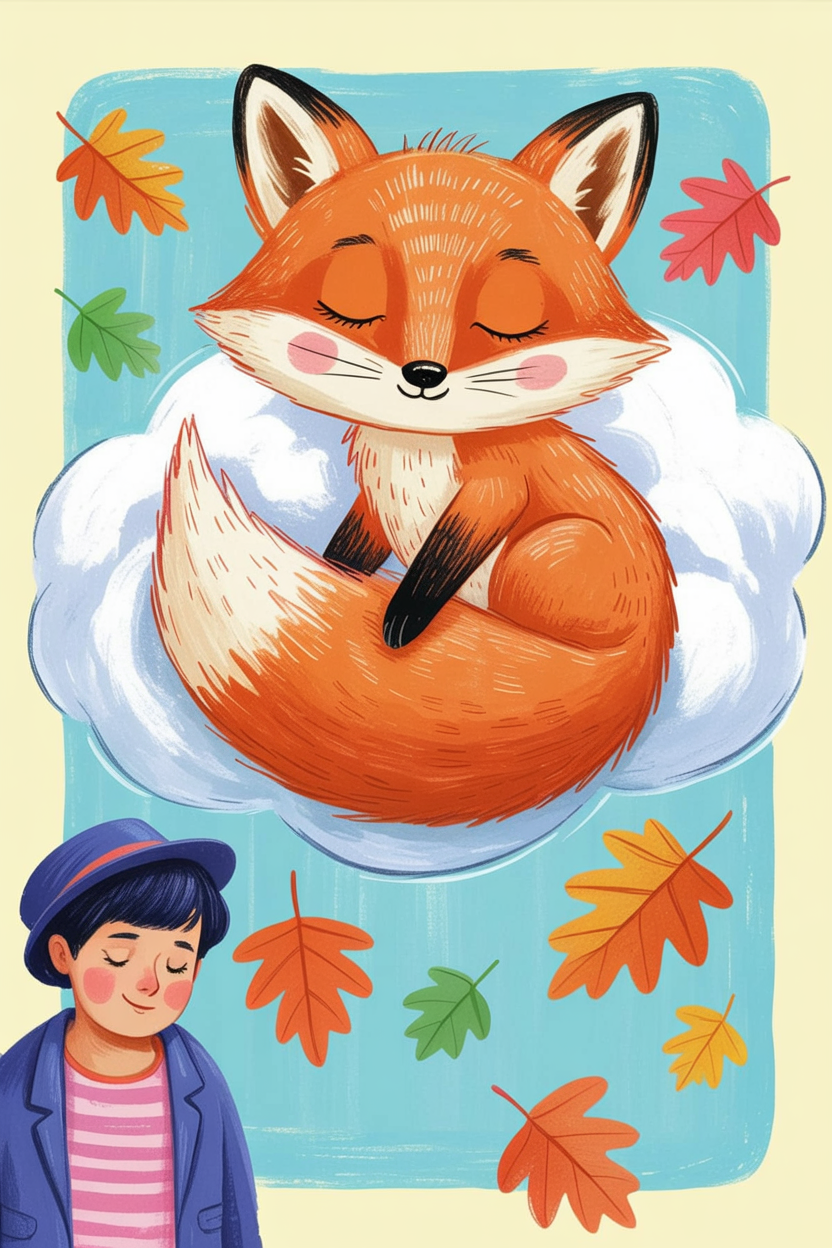 Children's book illustration of a fox floating on a cloud