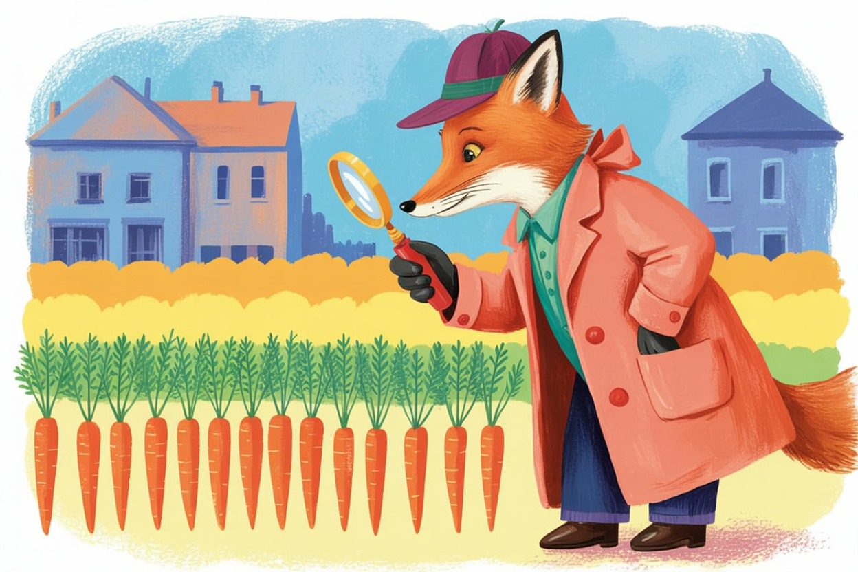 Children's book illustration of a fox detective