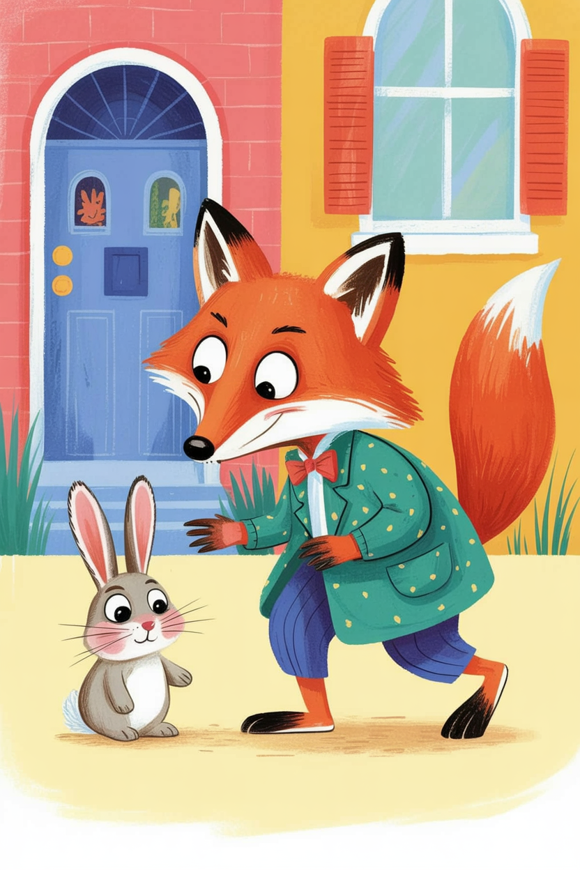Children's book illustration of a fox in disguise