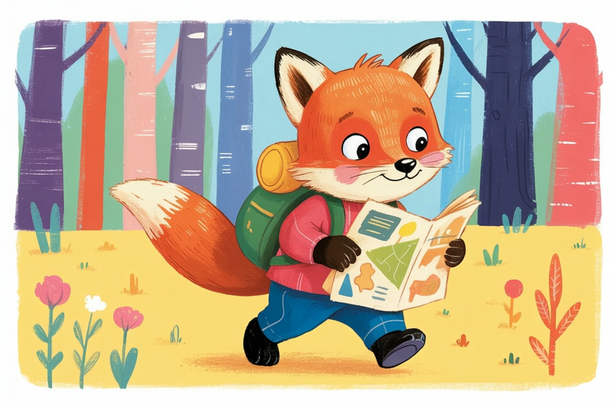 Children's book illustration of a fox explorer