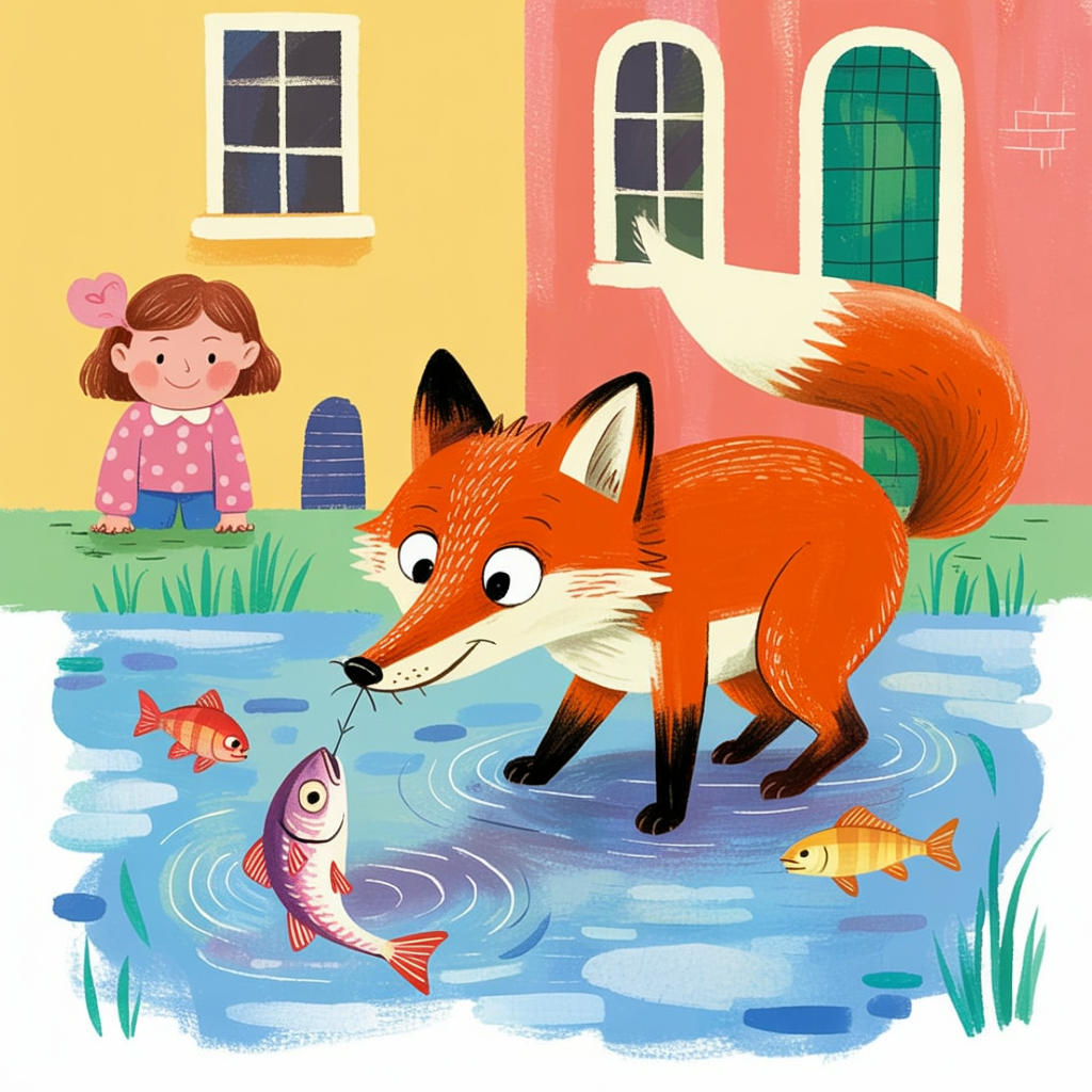Children's book illustration of a fox fishing with its tail