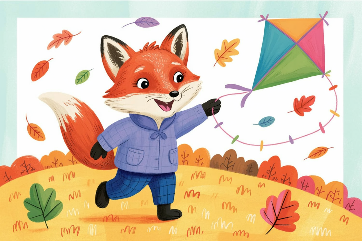 Children's book illustration of a fox flying a kite