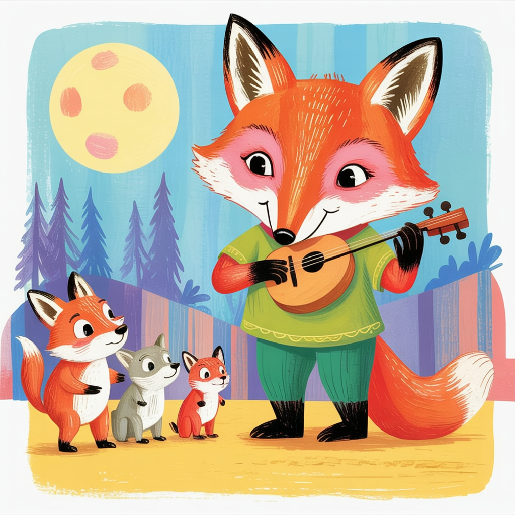 Children's book illustration of a fox playing fiddle