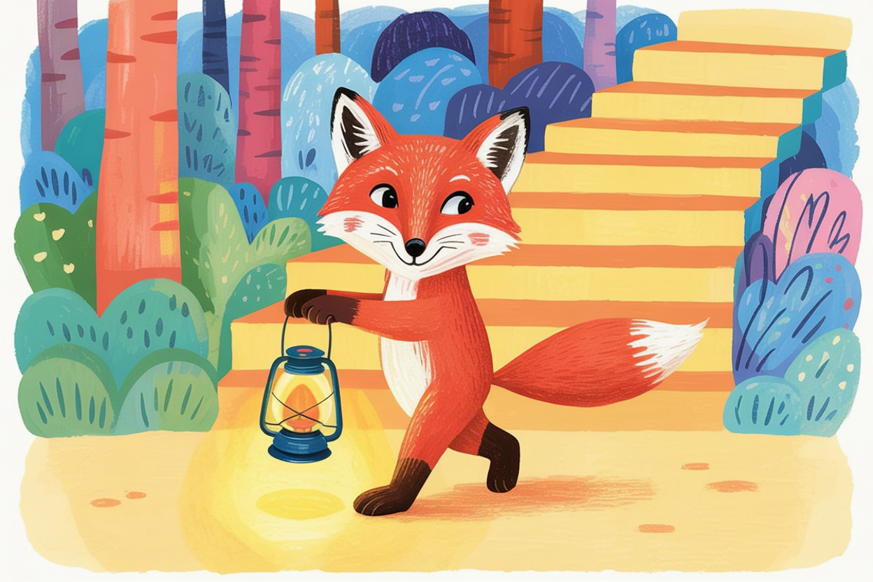 Children's book illustration of a fox with a lantern at night
