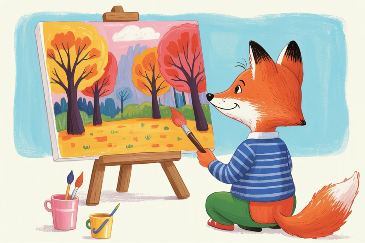 Children's book illustration of a fox painting
