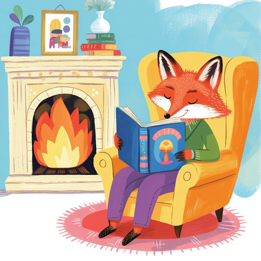 Children's book illustration of a fox reading
