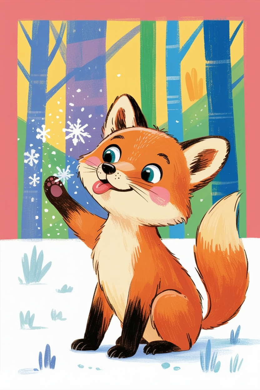 Children's book illustration of a fox in the snow