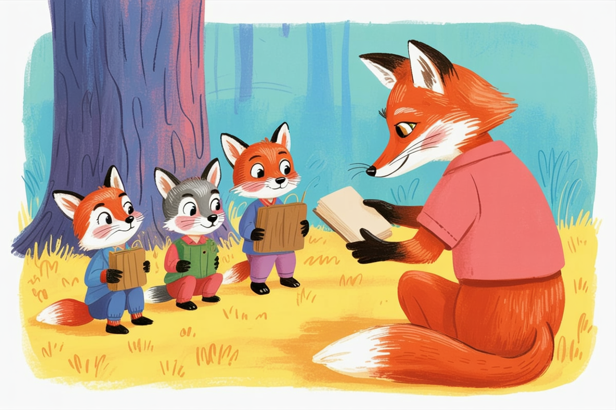 Children's book illustration of a fox teacher