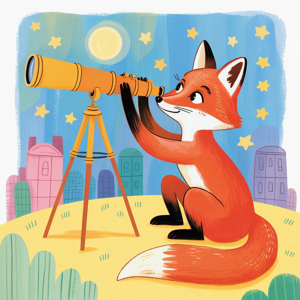 Children's book illustration of a fox stargazing