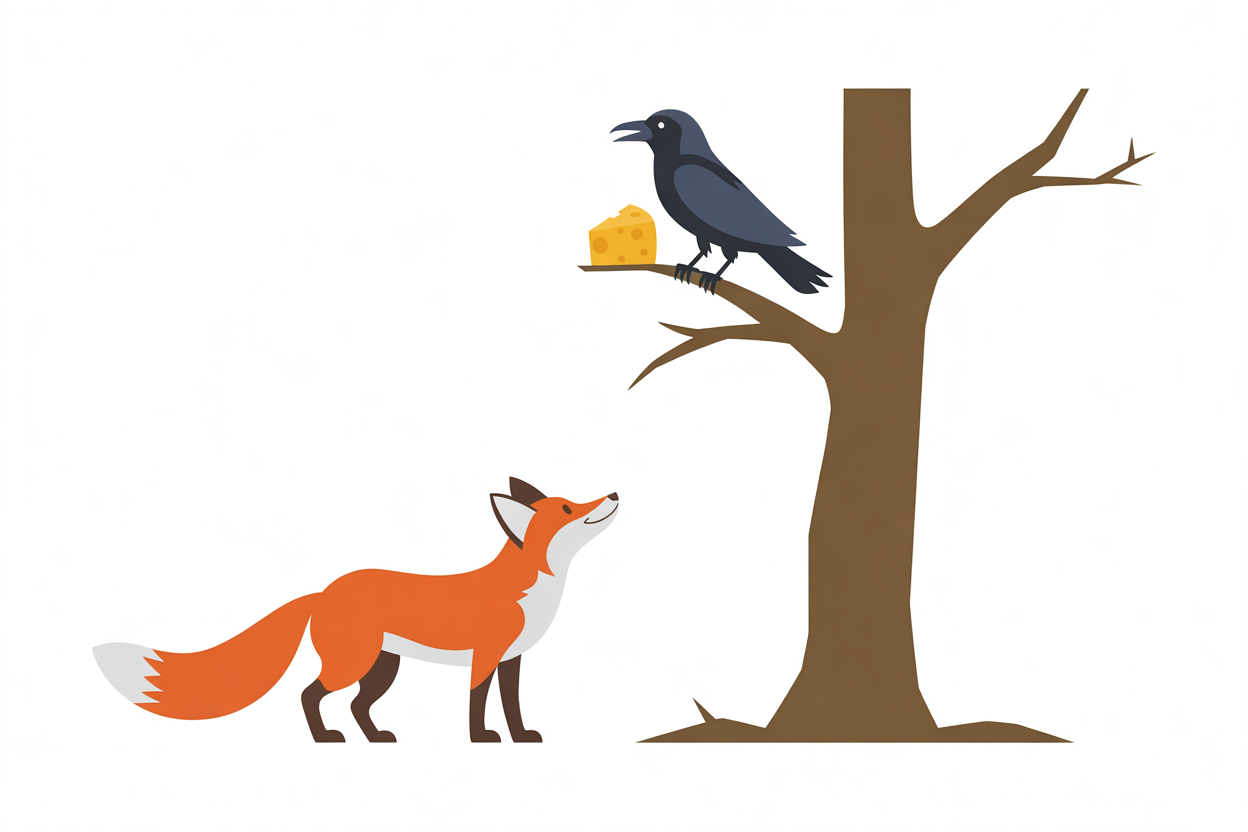 Flat vector illustration of a fox and crow fable scene