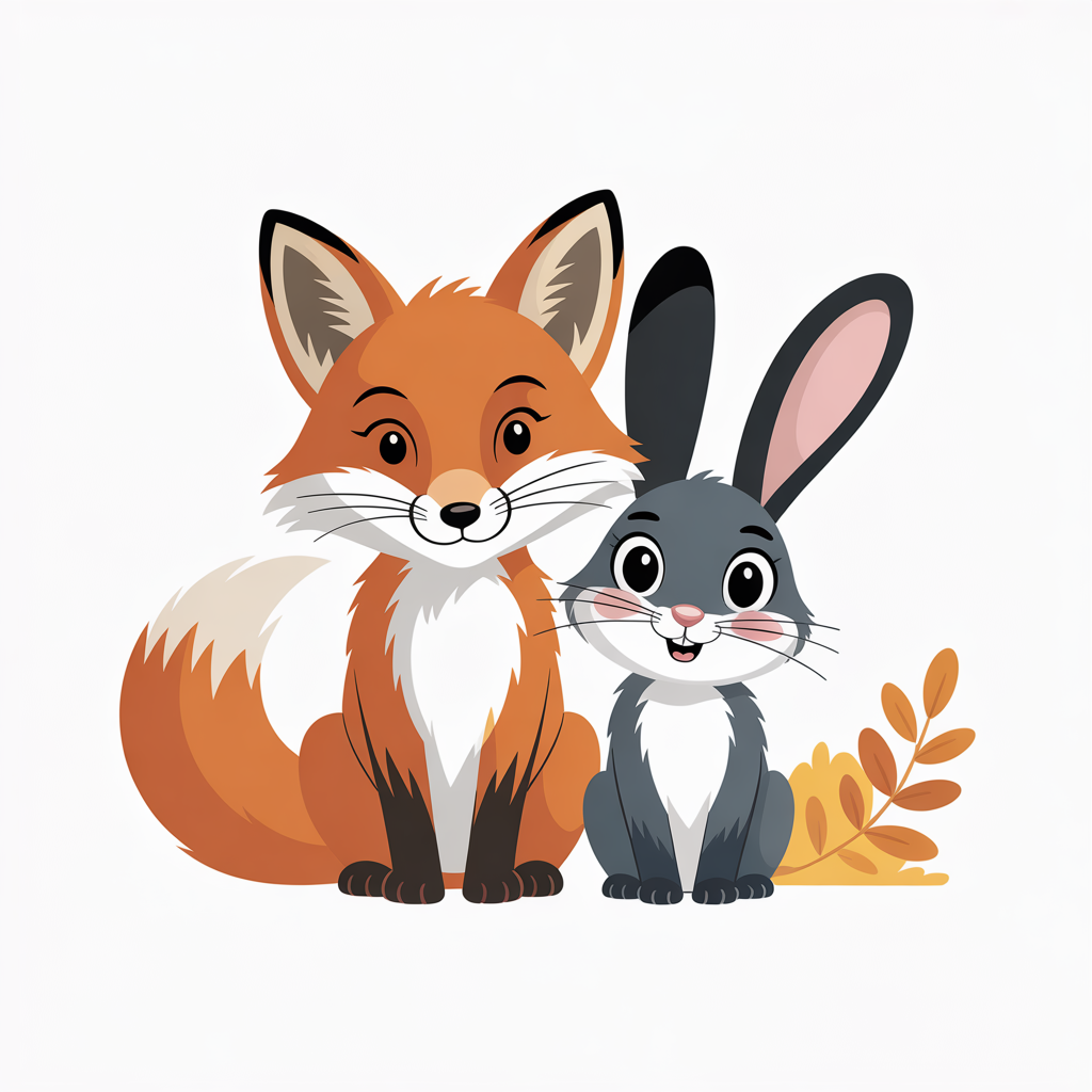 Flat vector illustration of a fox and rabbit as friends