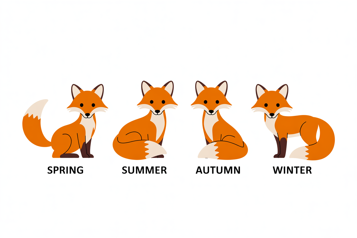 Flat vector illustration of a fox in four seasons