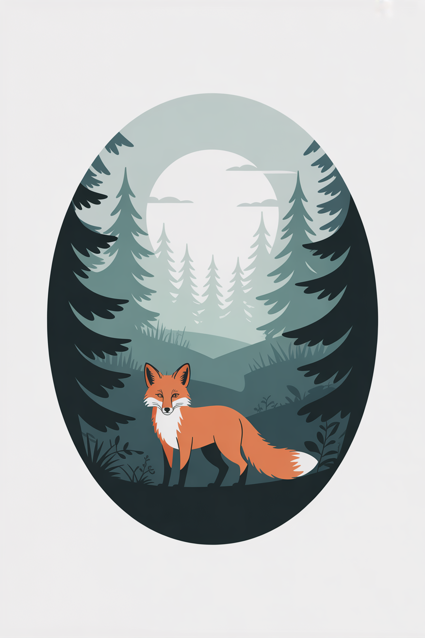 Flat vector illustration of a fox in a forest