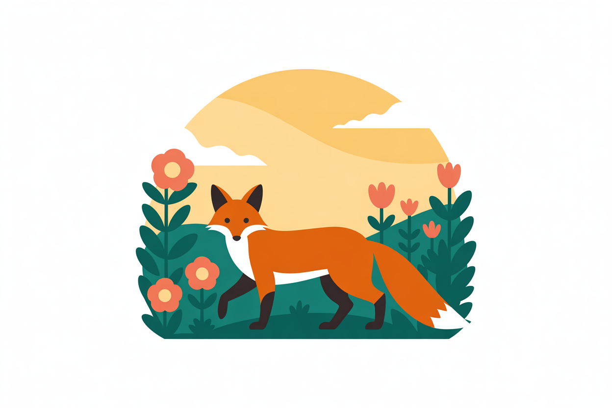 Flat vector illustration of a fox in a garden