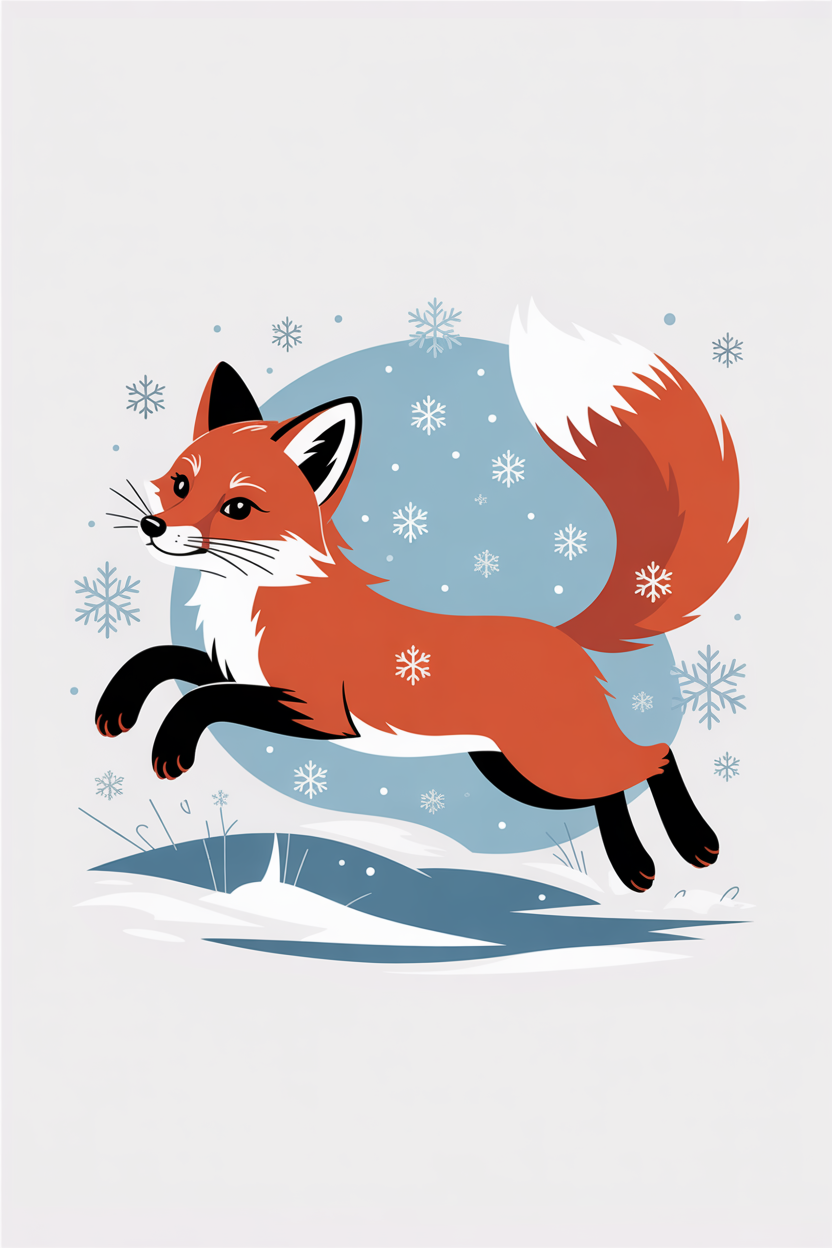 Flat vector illustration of a fox in snow