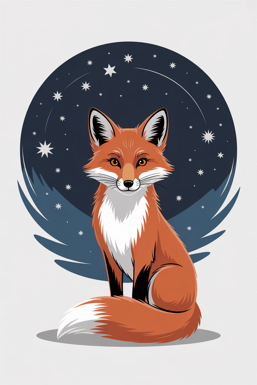 Flat vector illustration of a fox under the stars