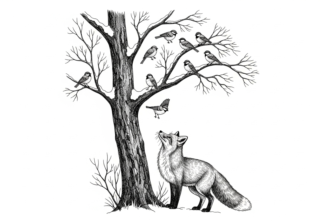 Line art illustration of a fox watching birds