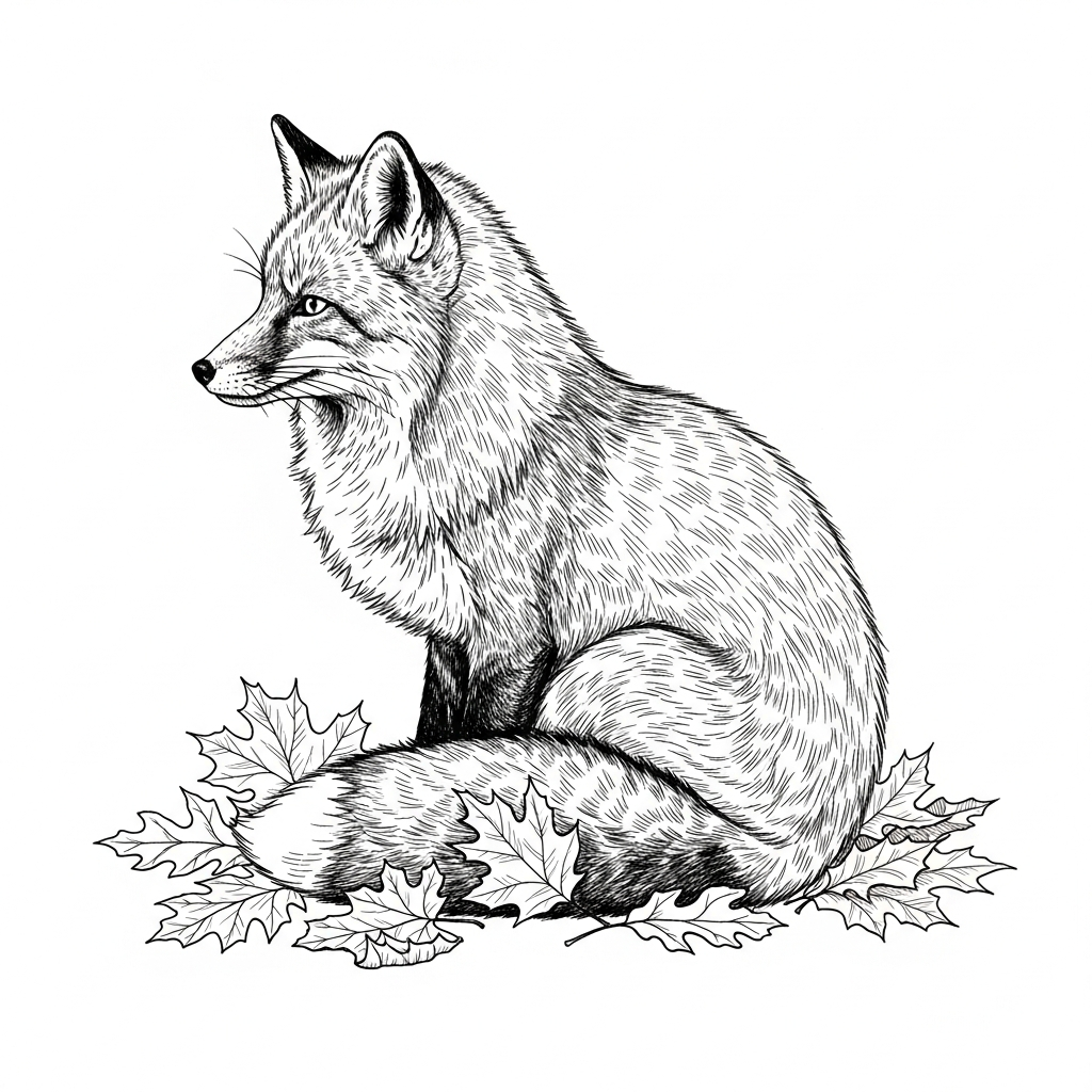 Line art illustration of a fox with autumn leaves