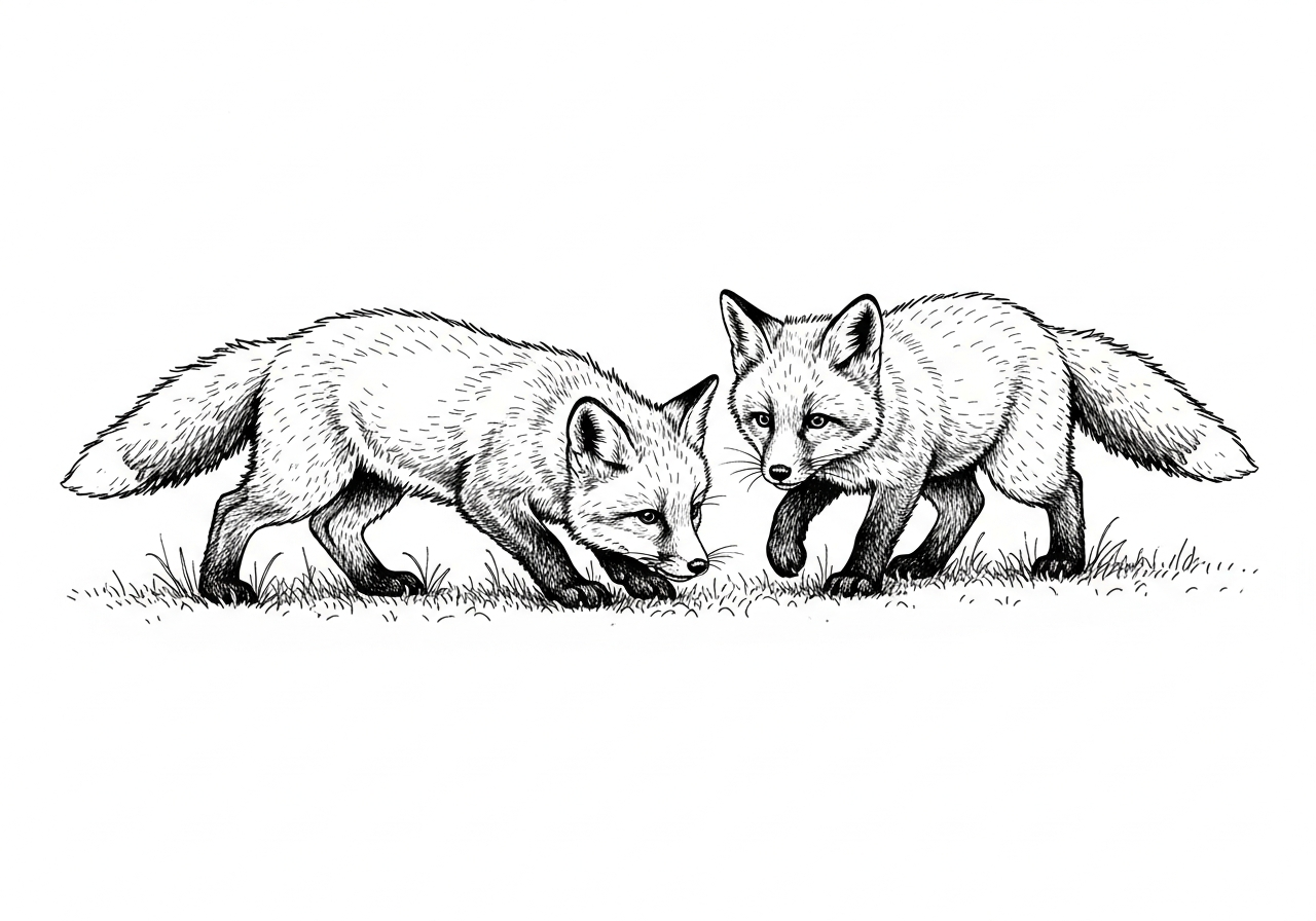 Line art illustration of fox cubs playing