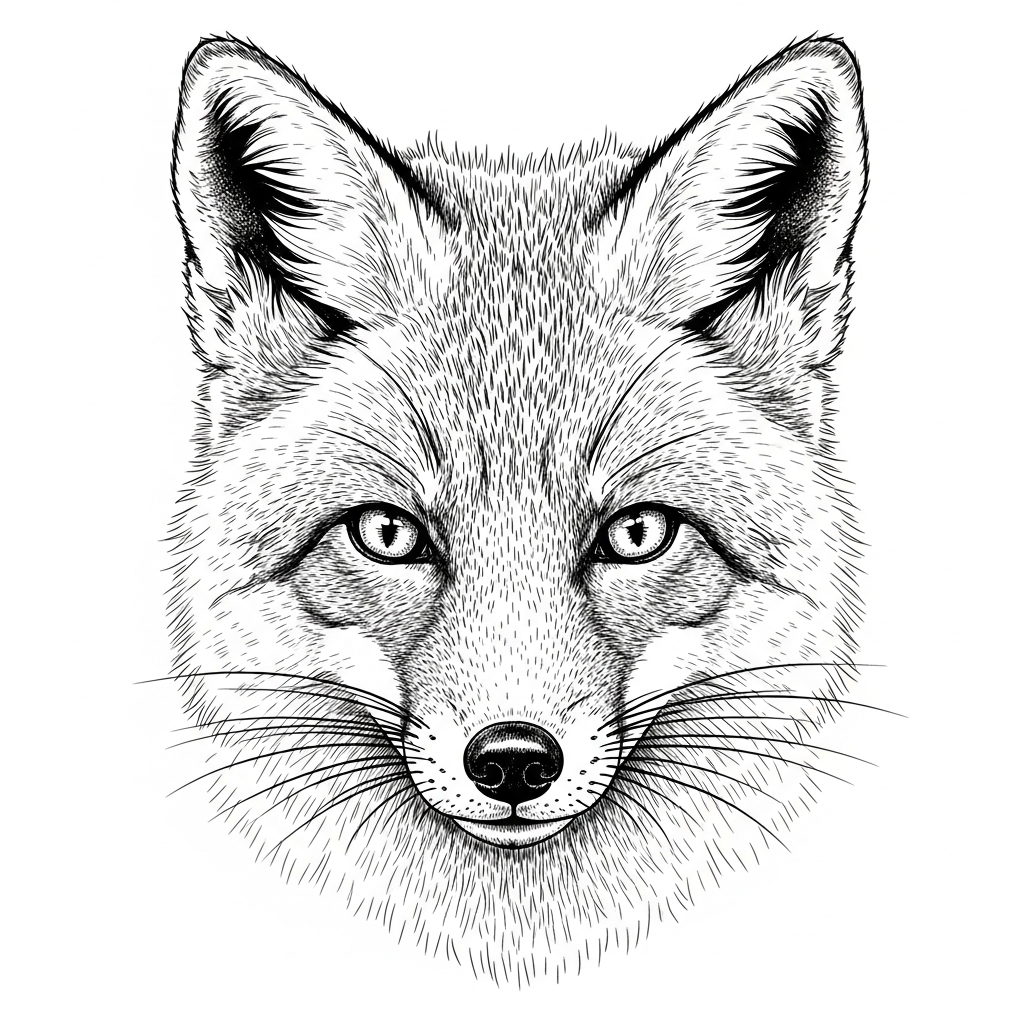 Line art illustration of a fox face close-up