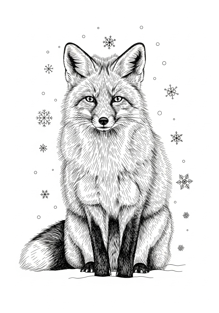 Line art illustration of a fox in snow