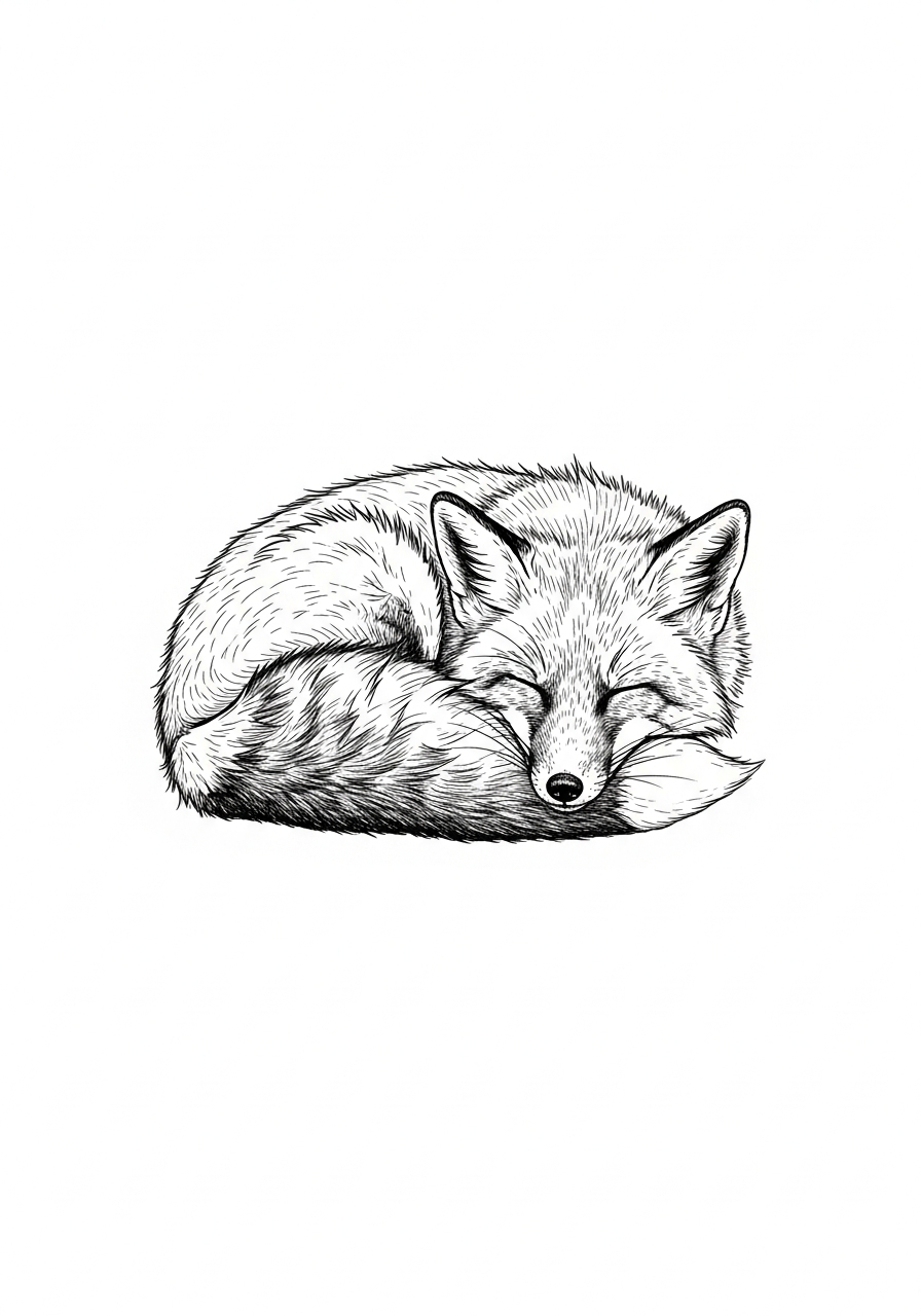 Line art illustration of a sleeping fox
