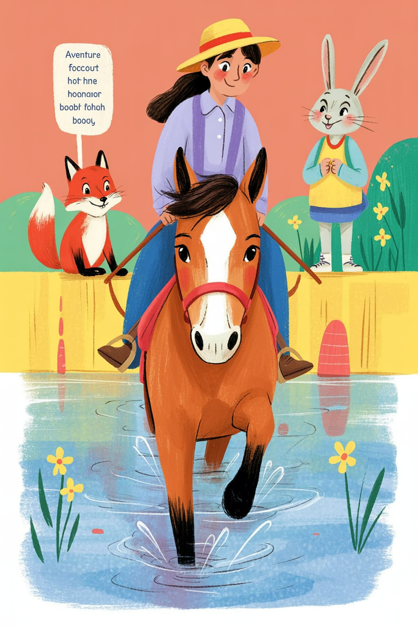 Children's book illustration of a horse crossing a river
