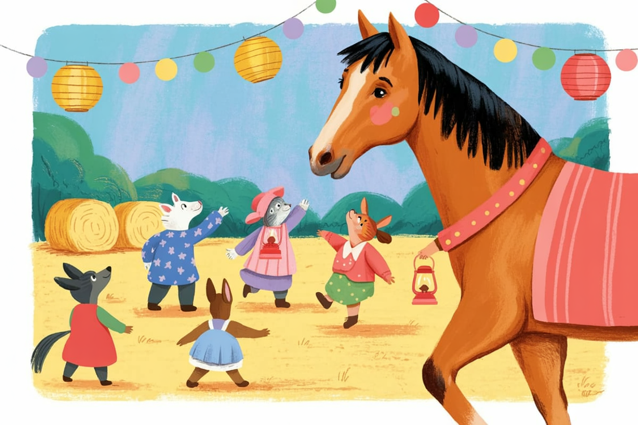 Children's book illustration of a horse barn dance