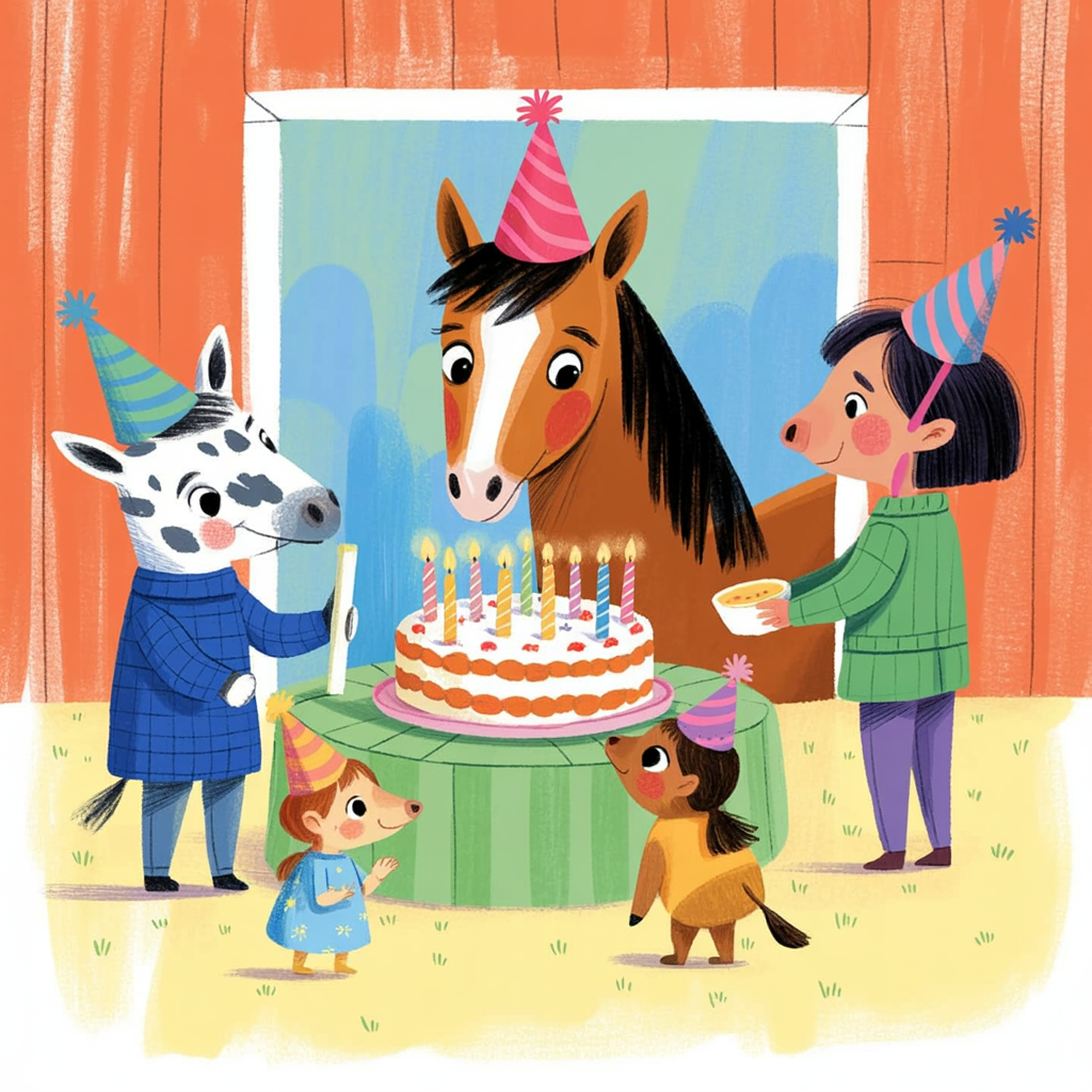 Children's book illustration of a horse birthday party
