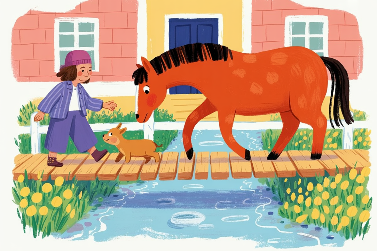 Children's book illustration of a horse on a bridge