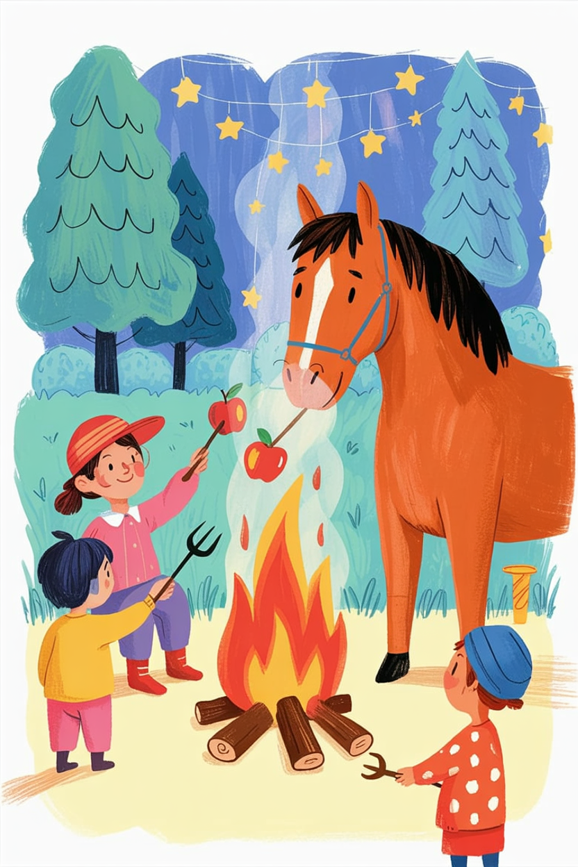 Children's book illustration of a horse camping
