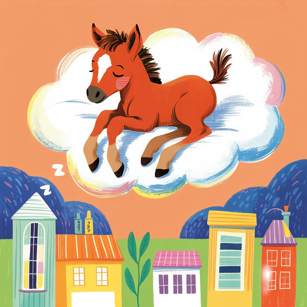 Children's book illustration of a foal on a cloud
