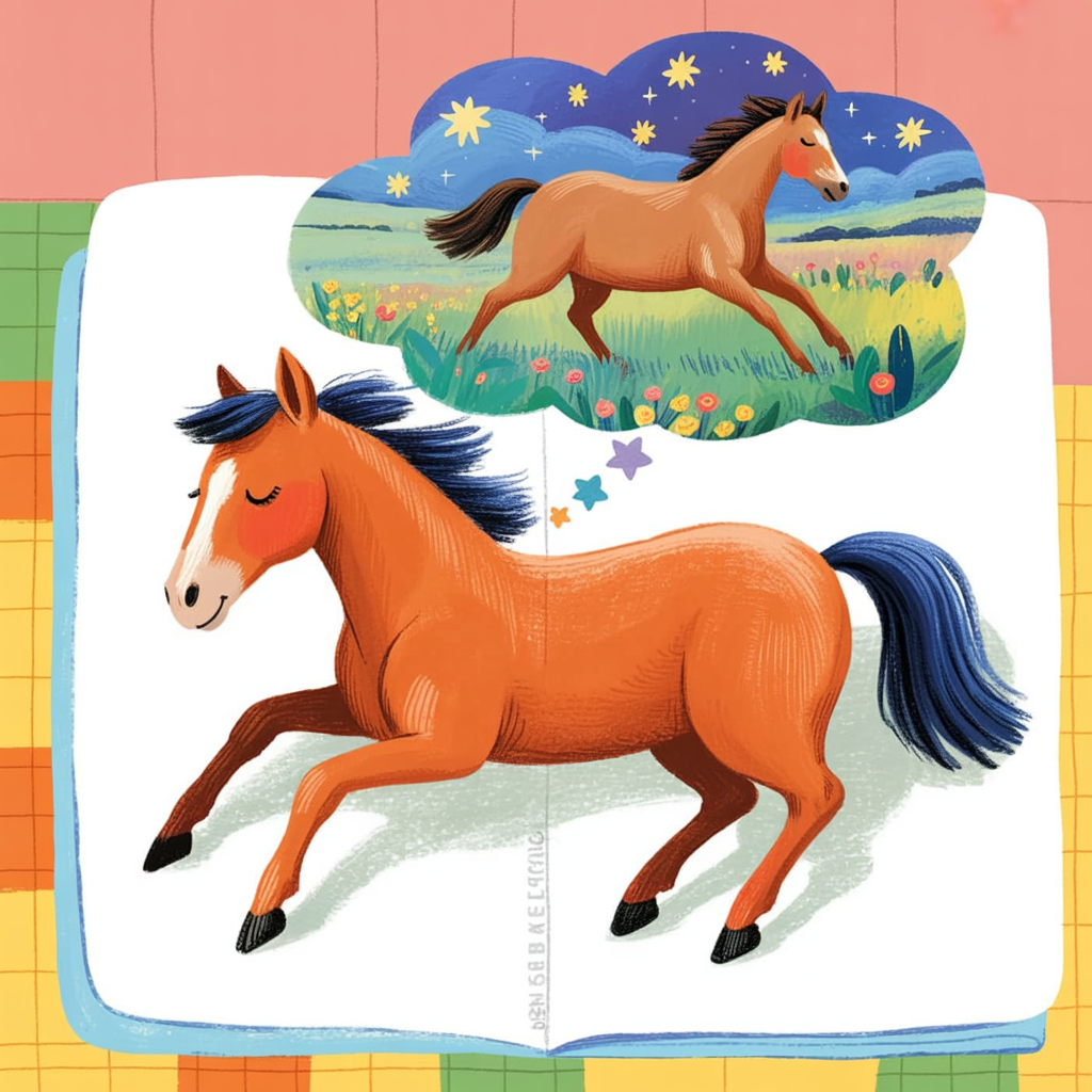 Children's book illustration of a horse dreaming