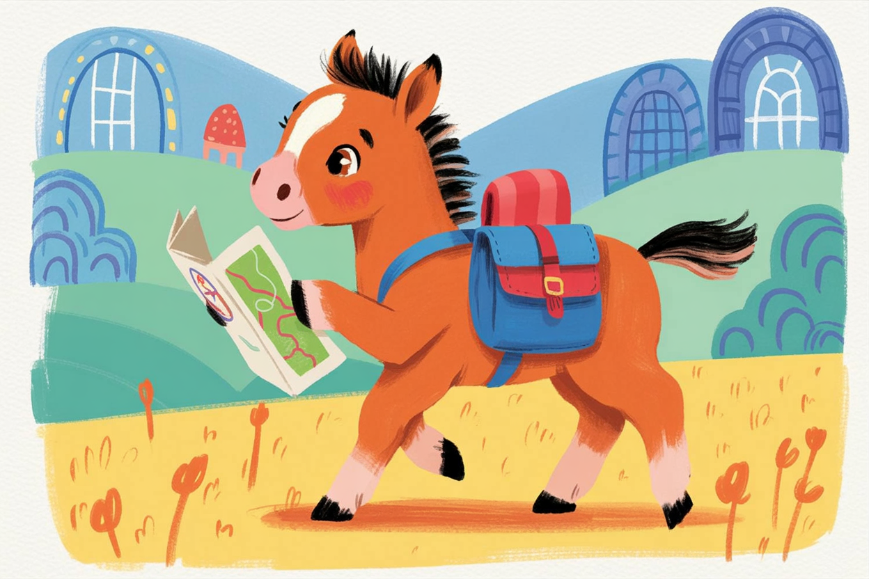 Children's book illustration of a foal explorer