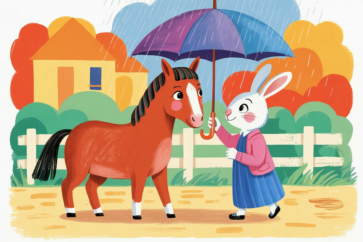 Children's book illustration of a horse and rabbit friends
