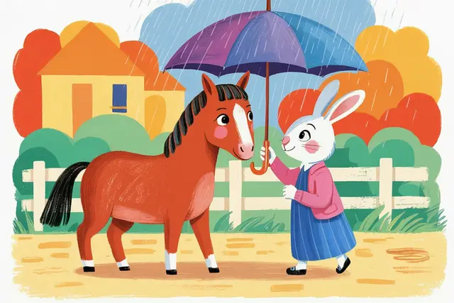 Children's book illustration of a horse and rabbit friends