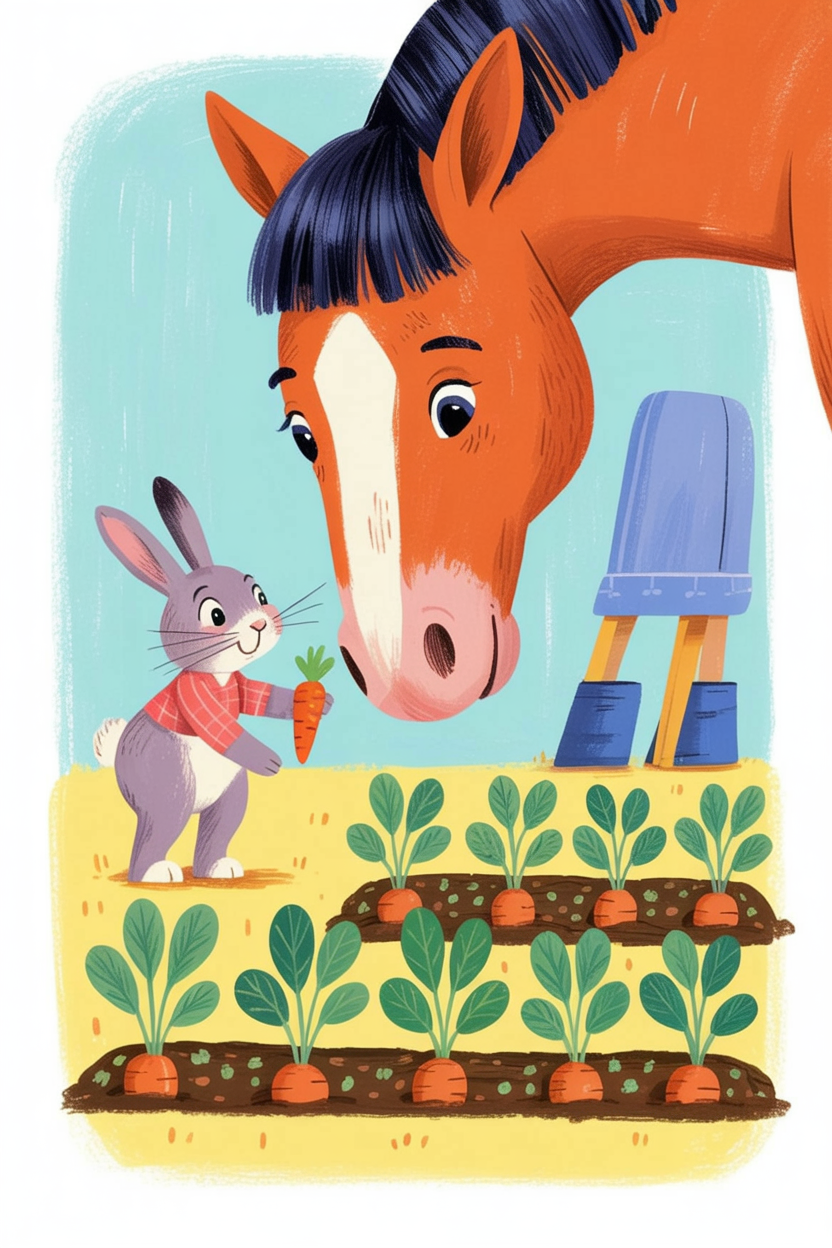 Children's book illustration of a horse in a garden
