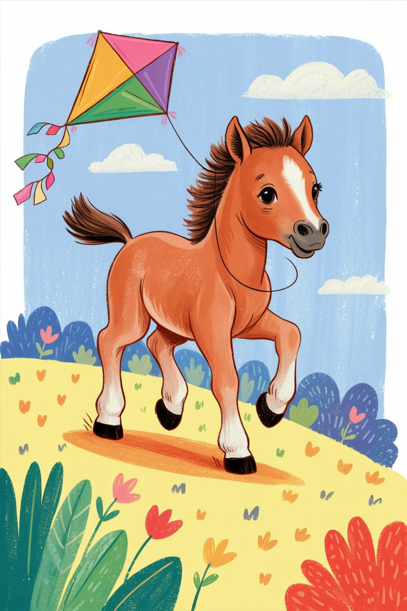 Children's book illustration of a foal flying a kite