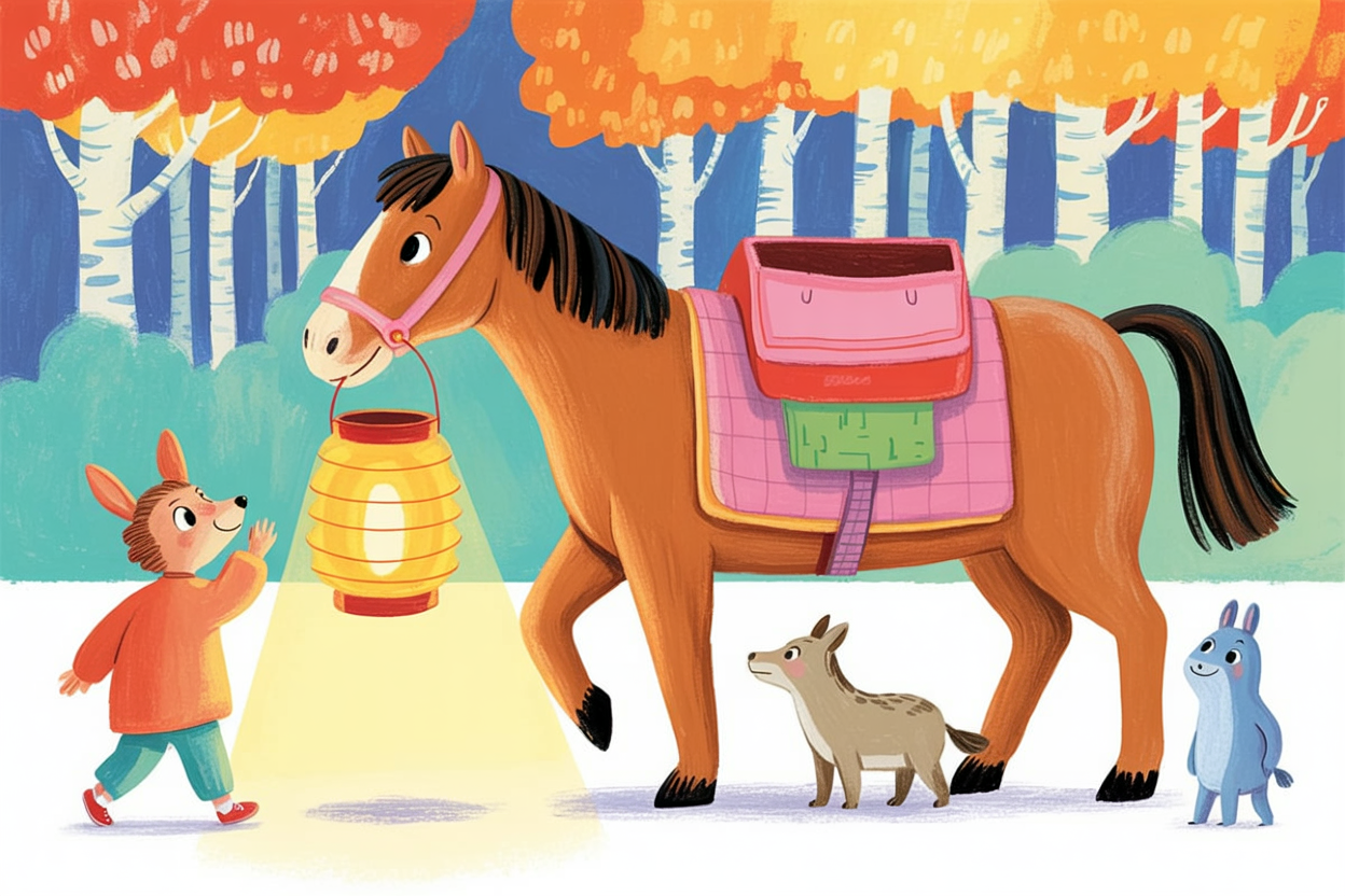 Children's book illustration of a horse with a lantern