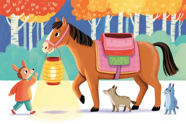 Children's book illustration of a horse with a lantern