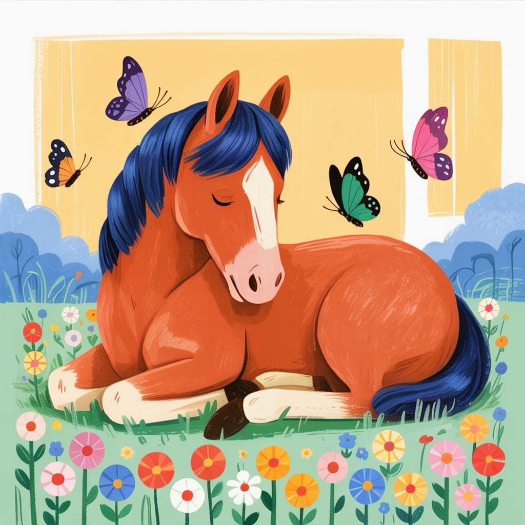 Children's book illustration of a horse napping in a meadow