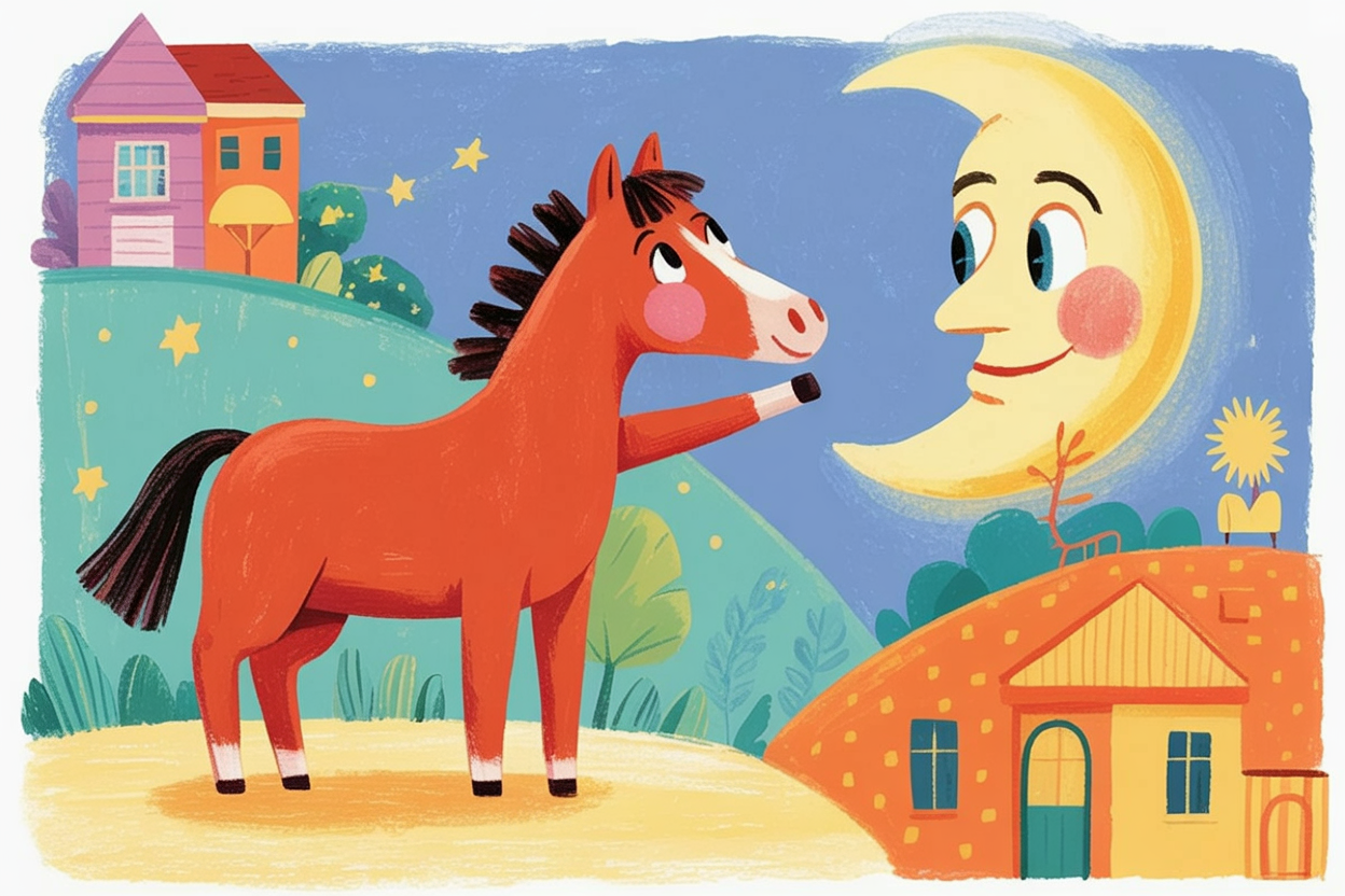 Children's book illustration of a horse reaching for the moon
