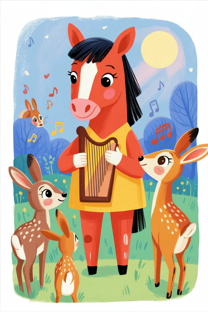 Children's book illustration of a horse playing a harp