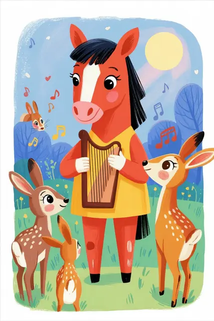 Children's book illustration of a horse playing a harp