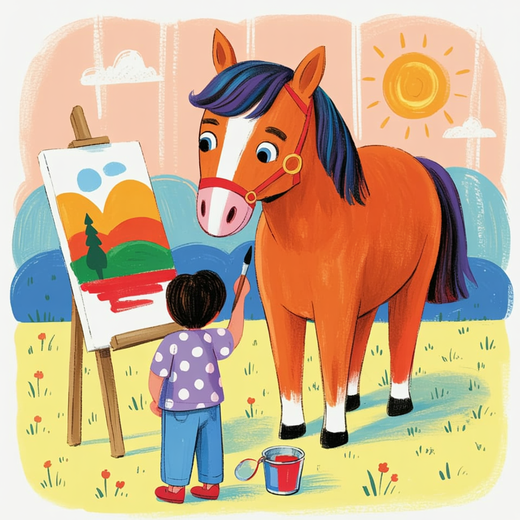 Children's book illustration of a horse painting