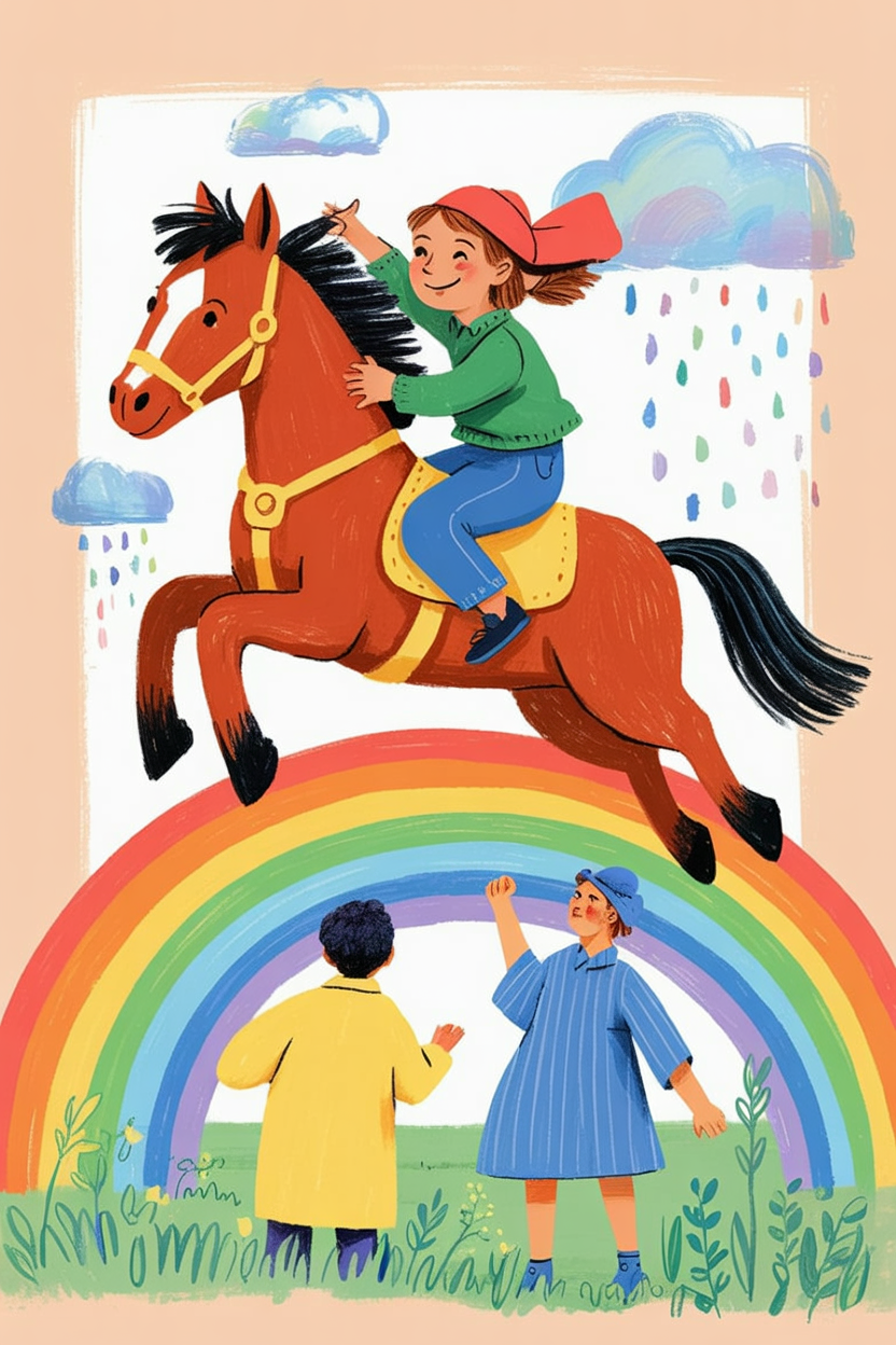 Children's book illustration of a horse jumping a rainbow